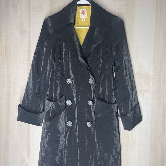 TULLE black double breasted long sleeve shimmering coat yellow lining, medium - Picture 7 of 15